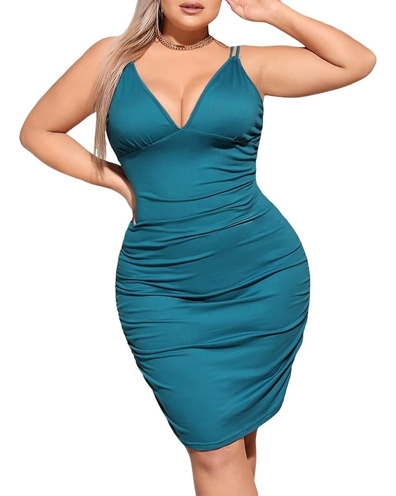 Women's Plus Size Spaghetti Strap Deep V Neck Ruched Cami Bodycon Midi Dress Teal Blue $24.18 Dresses