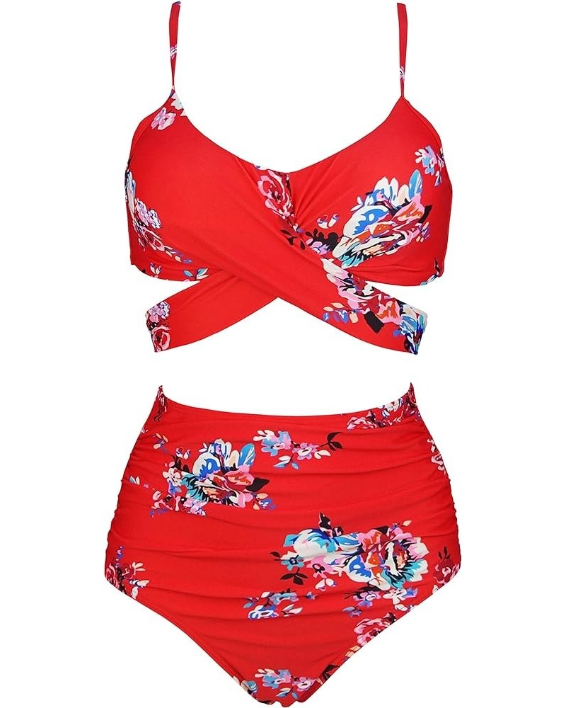 Women's Ruching High Waist Bikini Set Cross Wrap Push Up Top Tie Back Bathing Swimsuit(FBA) Gardenred(style3) $16.51 Swimsuits