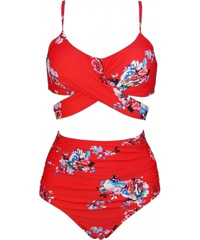 Women's Ruching High Waist Bikini Set Cross Wrap Push Up Top Tie Back Bathing Swimsuit(FBA) Gardenred(style3) $16.51 Swimsuits