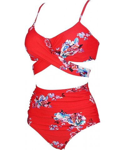 Women's Ruching High Waist Bikini Set Cross Wrap Push Up Top Tie Back Bathing Swimsuit(FBA) Gardenred(style3) $16.51 Swimsuits