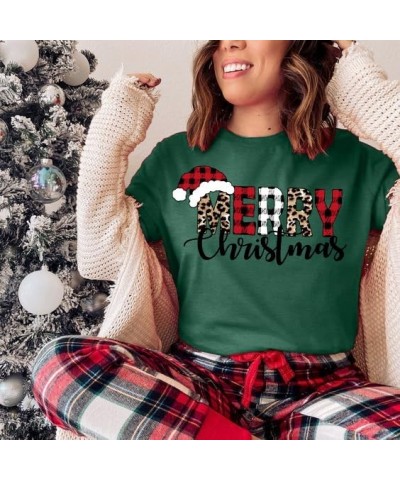 Christmas Shirts for Women Merry Christmas Y'all Tshirt Buffalo Plaid Graphic Tee Leopard Xmas Gift Tops E Green1 $13.19 T-Sh...