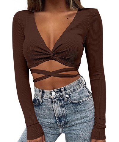 Women's Sexy Twist Knot Crop Top Tie Up Back Long Sleeve Shirt Brown $11.39 T-Shirts