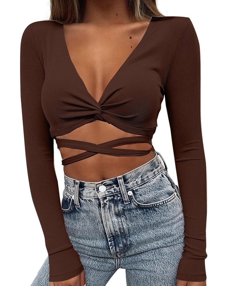 Women's Sexy Twist Knot Crop Top Tie Up Back Long Sleeve Shirt Brown $11.39 T-Shirts