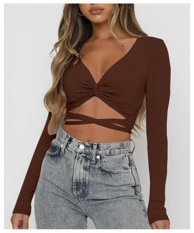 Women's Sexy Twist Knot Crop Top Tie Up Back Long Sleeve Shirt Brown $11.39 T-Shirts