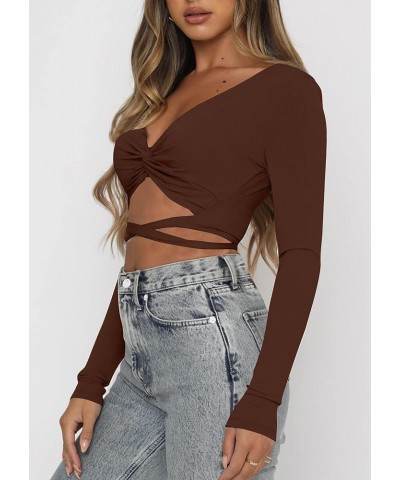 Women's Sexy Twist Knot Crop Top Tie Up Back Long Sleeve Shirt Brown $11.39 T-Shirts