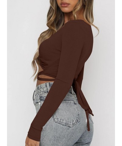 Women's Sexy Twist Knot Crop Top Tie Up Back Long Sleeve Shirt Brown $11.39 T-Shirts