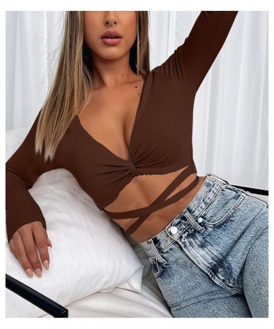 Women's Sexy Twist Knot Crop Top Tie Up Back Long Sleeve Shirt Brown $11.39 T-Shirts