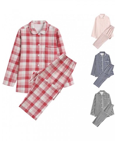 Womens Classic Plaid Lounge Sets Long Sleeve Button Down Shirt with Long Pants Pajamas Set Soft Sleepwear 2 Piece Pjs 01 Pink...