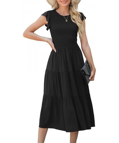 Women's Summer Dresses Casual Puffy Short Sleeve Round Neck Smocked Waist Tiered Midi Dress Wedding Guest Dresses Black $26.9...