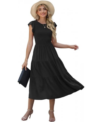 Women's Summer Dresses Casual Puffy Short Sleeve Round Neck Smocked Waist Tiered Midi Dress Wedding Guest Dresses Black $26.9...