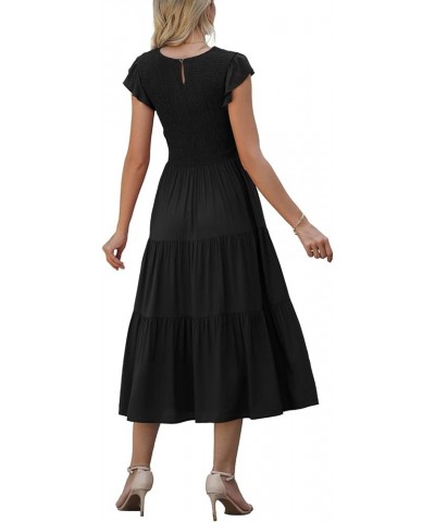 Women's Summer Dresses Casual Puffy Short Sleeve Round Neck Smocked Waist Tiered Midi Dress Wedding Guest Dresses Black $26.9...