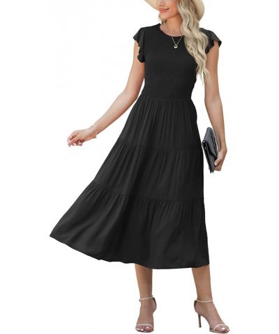 Women's Summer Dresses Casual Puffy Short Sleeve Round Neck Smocked Waist Tiered Midi Dress Wedding Guest Dresses Black $26.9...