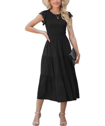 Women's Summer Dresses Casual Puffy Short Sleeve Round Neck Smocked Waist Tiered Midi Dress Wedding Guest Dresses Black $26.9...