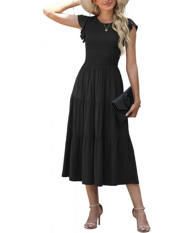 Women's Summer Dresses Casual Puffy Short Sleeve Round Neck Smocked Waist Tiered Midi Dress Wedding Guest Dresses Black $26.9...