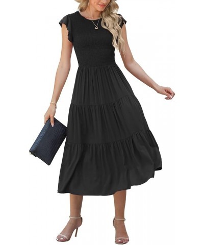 Women's Summer Dresses Casual Puffy Short Sleeve Round Neck Smocked Waist Tiered Midi Dress Wedding Guest Dresses Black $26.9...