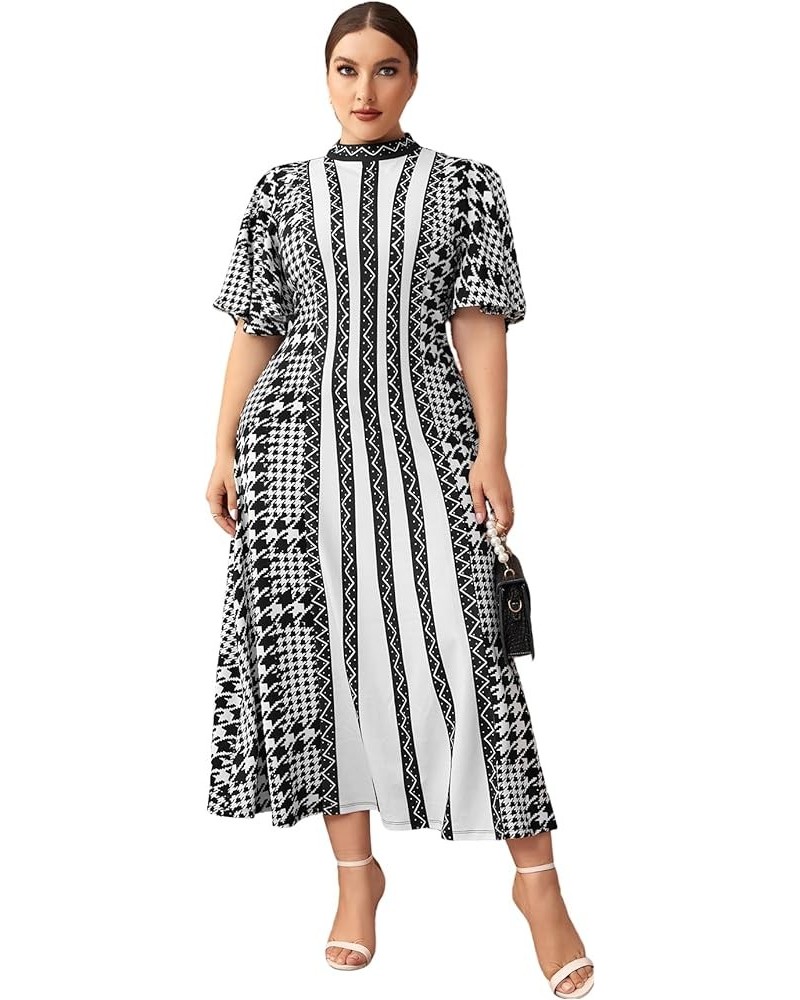Women's Plus Size Houndstooth Dress Chevron Print Mock Neck Butterfly Sleeve Long Dress Black White Graphic $14.84 Dresses