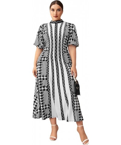 Women's Plus Size Houndstooth Dress Chevron Print Mock Neck Butterfly Sleeve Long Dress Black White Graphic $14.84 Dresses