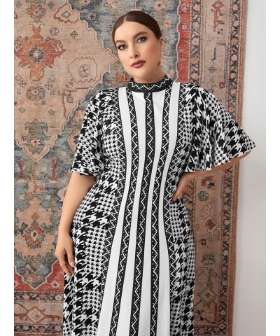 Women's Plus Size Houndstooth Dress Chevron Print Mock Neck Butterfly Sleeve Long Dress Black White Graphic $14.84 Dresses