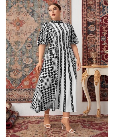 Women's Plus Size Houndstooth Dress Chevron Print Mock Neck Butterfly Sleeve Long Dress Black White Graphic $14.84 Dresses