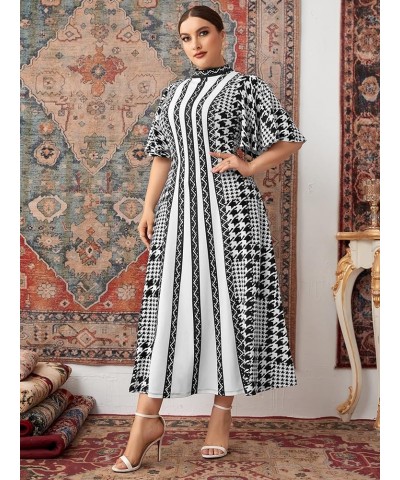 Women's Plus Size Houndstooth Dress Chevron Print Mock Neck Butterfly Sleeve Long Dress Black White Graphic $14.84 Dresses