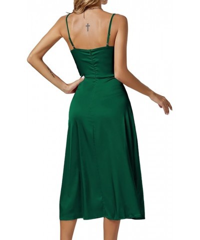 Women's Satin V Neck Sleeveless Spaghetti Zipper Straps Tie Bust Cocktail Midi Dress Green $16.95 Dresses