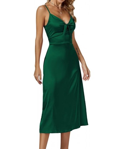 Women's Satin V Neck Sleeveless Spaghetti Zipper Straps Tie Bust Cocktail Midi Dress Green $16.95 Dresses