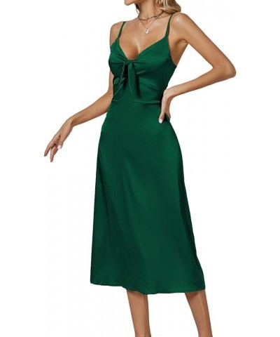 Women's Satin V Neck Sleeveless Spaghetti Zipper Straps Tie Bust Cocktail Midi Dress Green $16.95 Dresses