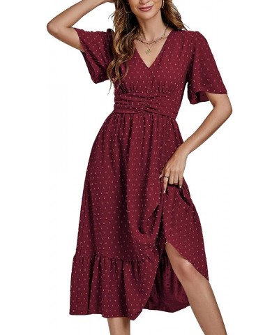 Women Boho Maxi Dress Long Sleeve V Neck Swiss Dot High Waited A-Line Ruffle Tiered Chiffon Long Dresses Wine Red $26.87 Dresses