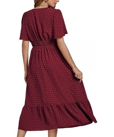 Women Boho Maxi Dress Long Sleeve V Neck Swiss Dot High Waited A-Line Ruffle Tiered Chiffon Long Dresses Wine Red $26.87 Dresses