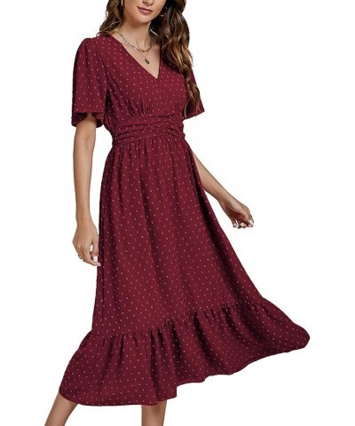 Women Boho Maxi Dress Long Sleeve V Neck Swiss Dot High Waited A-Line Ruffle Tiered Chiffon Long Dresses Wine Red $26.87 Dresses