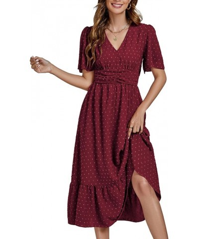 Women Boho Maxi Dress Long Sleeve V Neck Swiss Dot High Waited A-Line Ruffle Tiered Chiffon Long Dresses Wine Red $26.87 Dresses