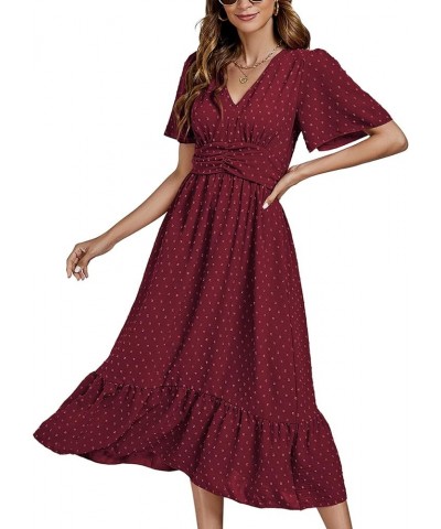 Women Boho Maxi Dress Long Sleeve V Neck Swiss Dot High Waited A-Line Ruffle Tiered Chiffon Long Dresses Wine Red $26.87 Dresses