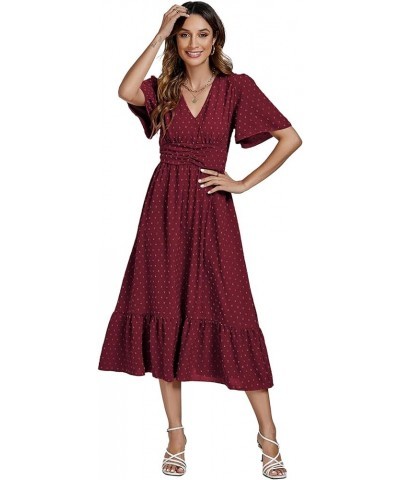 Women Boho Maxi Dress Long Sleeve V Neck Swiss Dot High Waited A-Line Ruffle Tiered Chiffon Long Dresses Wine Red $26.87 Dresses