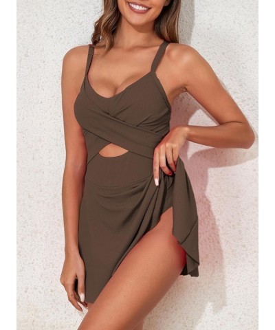 Women Cutout One Piece Swimdress Skirt Swimsuit V Neck Wrap Tie Back Tummy Control Bathing Suit A Brown $14.70 Swimsuits