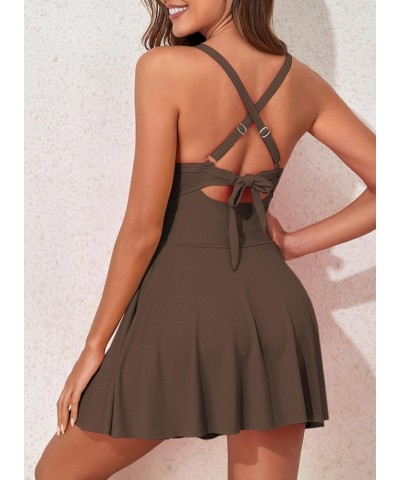 Women Cutout One Piece Swimdress Skirt Swimsuit V Neck Wrap Tie Back Tummy Control Bathing Suit A Brown $14.70 Swimsuits