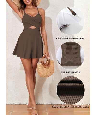 Women Cutout One Piece Swimdress Skirt Swimsuit V Neck Wrap Tie Back Tummy Control Bathing Suit A Brown $14.70 Swimsuits