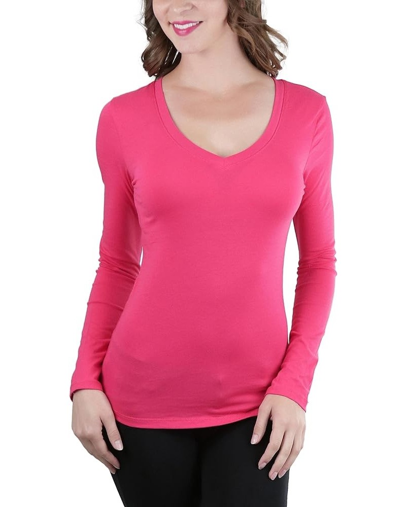 Women's Long Sleeve V-Neckline T-Shirt Fuchsia $9.83 T-Shirts