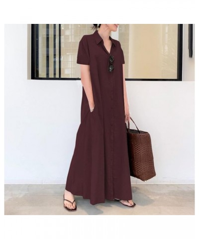 Women's Summer Dresses 2024 Casual Cotton Linen Solid Color Loose Temperament Button-Down Dress Maxi Dress with Pockets X-win...