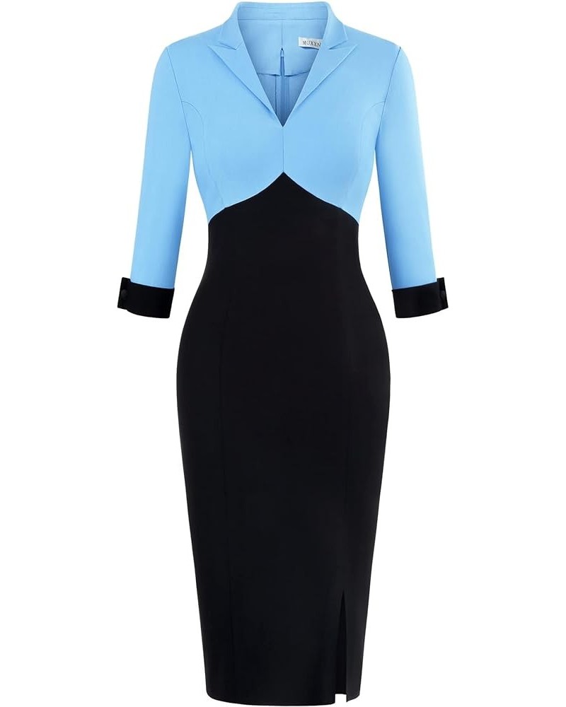Women's Vintage 3/4 Sleeve V Neck Midi Colorblock Business Formal Work Bodycon Pencil Dresses Airy Blue $23.21 Dresses