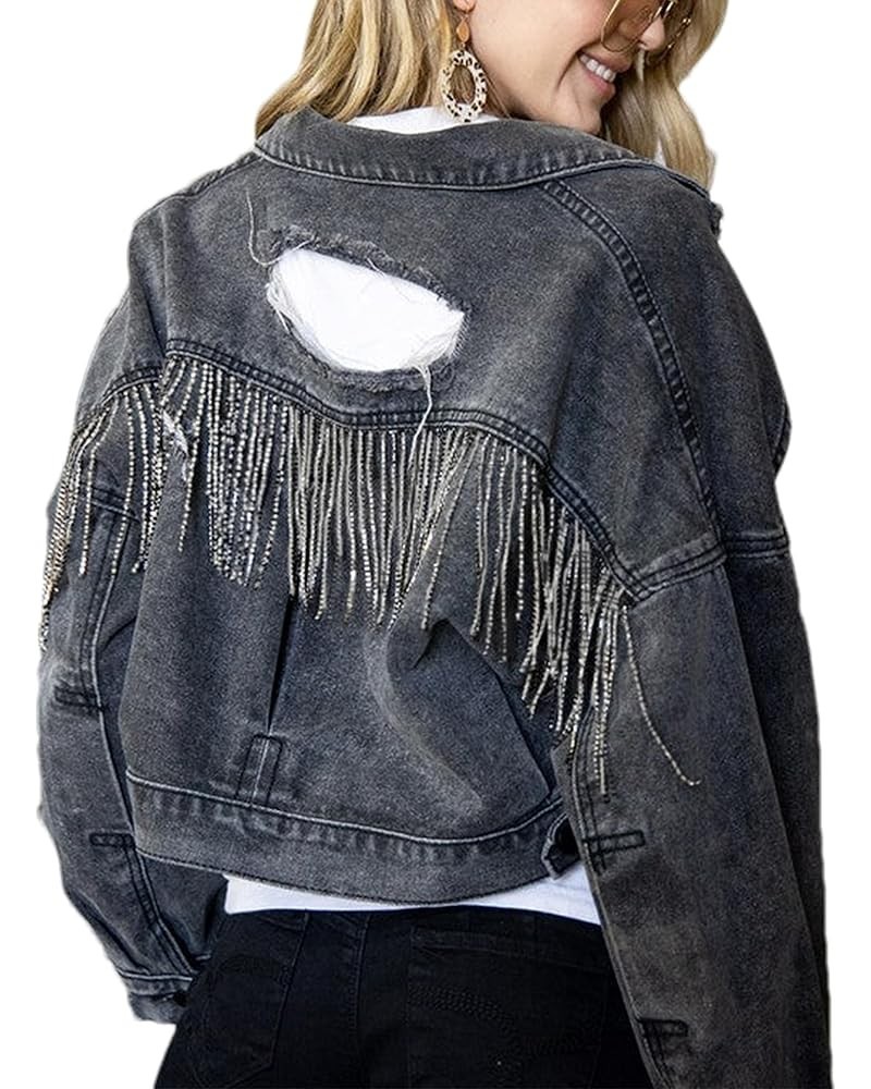 Womens Casual Distressed Jean Jacket Ripped Fringe Cropped Denim Jacket Button Down Frayed Jean Coat Black $16.31 Jackets