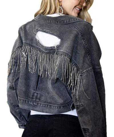 Womens Casual Distressed Jean Jacket Ripped Fringe Cropped Denim Jacket Button Down Frayed Jean Coat Black $16.31 Jackets