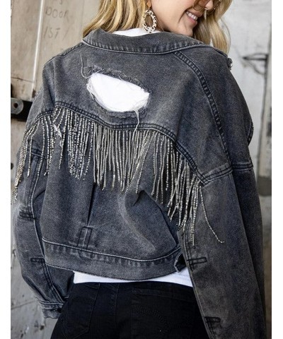 Womens Casual Distressed Jean Jacket Ripped Fringe Cropped Denim Jacket Button Down Frayed Jean Coat Black $16.31 Jackets