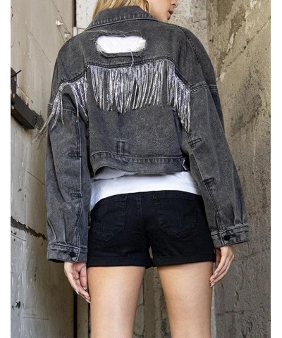 Womens Casual Distressed Jean Jacket Ripped Fringe Cropped Denim Jacket Button Down Frayed Jean Coat Black $16.31 Jackets