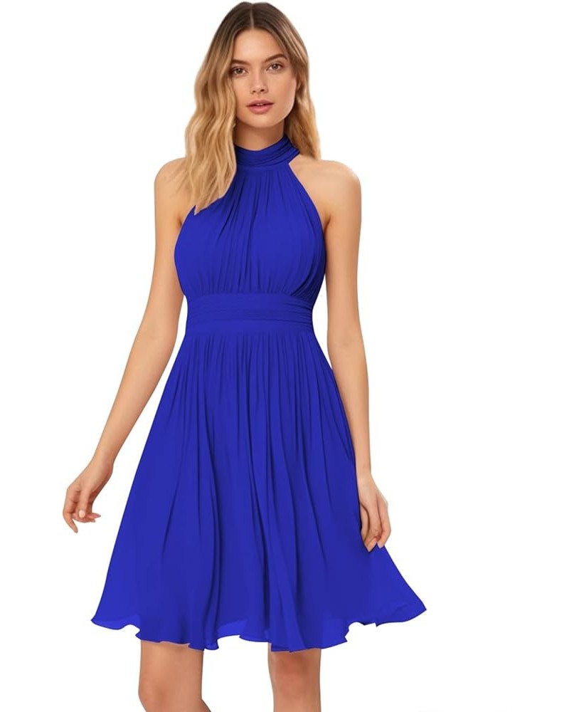 Women's Halter Short Bridesmaid Dresses Ruched A Line Chiffon Formal Cocktail Party Dress with Pockets Royal Blue $30.55 Dresses