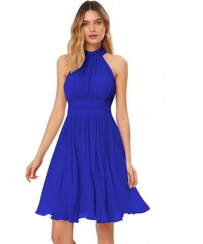 Women's Halter Short Bridesmaid Dresses Ruched A Line Chiffon Formal Cocktail Party Dress with Pockets Royal Blue $30.55 Dresses