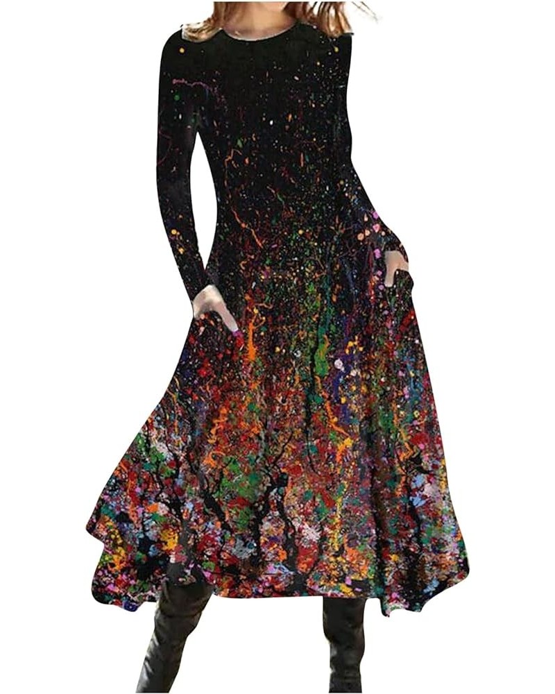 Women Casual Dress Fall Dresses for Women 2022 Fashion Retro Printed Round Neck Flowy Long Sleeve Prom Dresses 05-multicolor ...