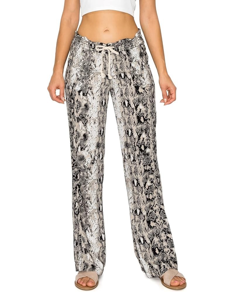 Women's Print Linen Pants - 32" Inseam Oceanside Drawstring Smocked Waist Casual Lounge Beach Trousers with Pockets Snake Mul...