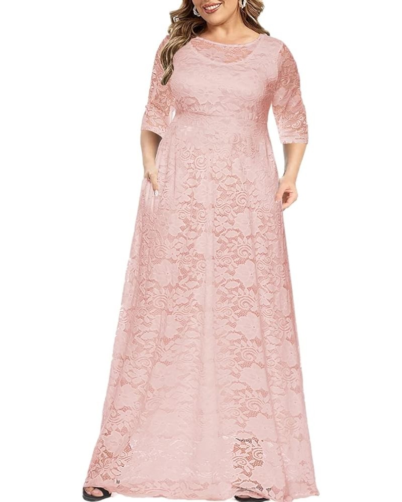 Women's Plus Size Floral Lace Wedding Dress 3 4 Sleeve Bridesmaid Evening Party Long Maxi Dresses with Pockets B-pink $31.89 ...