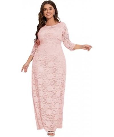 Women's Plus Size Floral Lace Wedding Dress 3 4 Sleeve Bridesmaid Evening Party Long Maxi Dresses with Pockets B-pink $31.89 ...