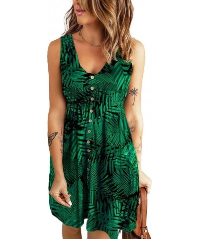 Women's 2024 Casual Summer Sleeveless Dresses Button Down Beach Sundress with Pockets B-palm Leaf Print $13.94 Dresses